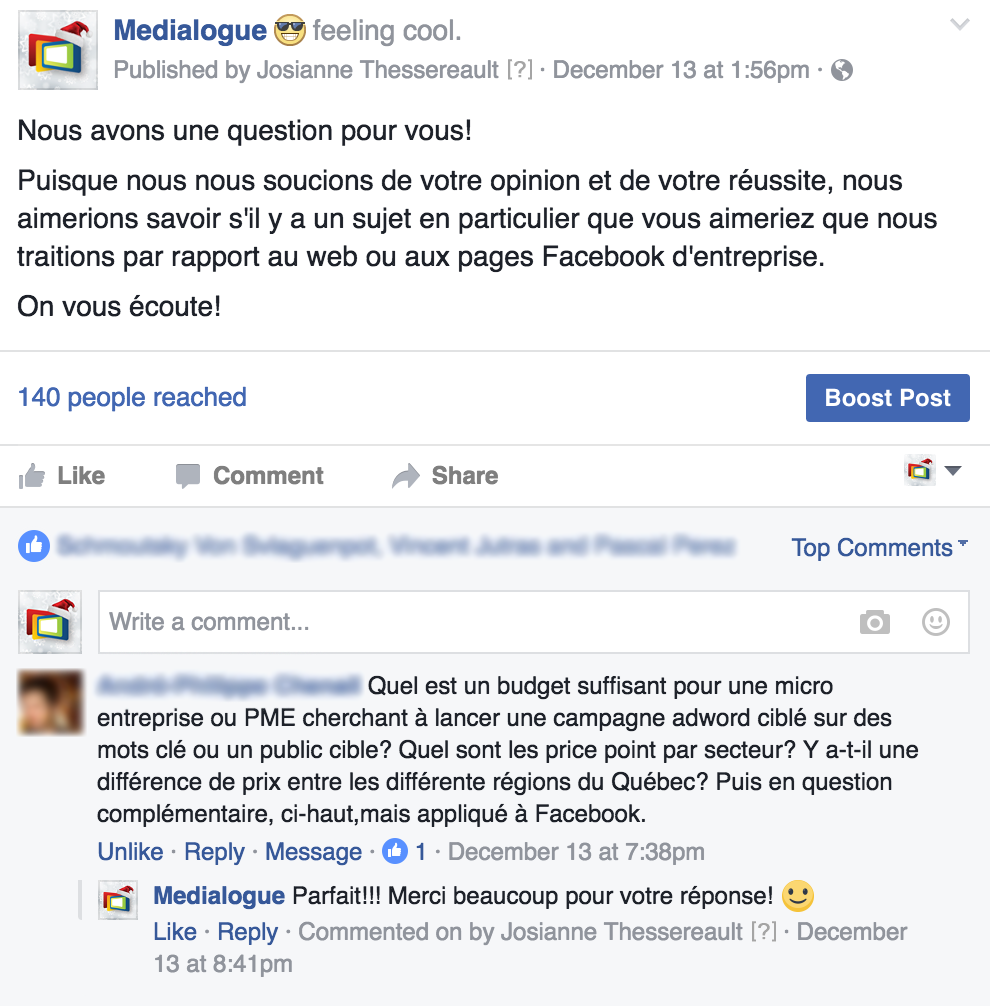 Marketing web et Facebook : Capture d'écran d'un statut sur la page Facebook de Medialogue - Medialogue