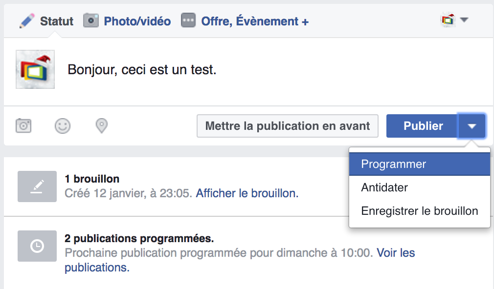 Programmer une publication sur Facebook - page Facebook de Medialogue