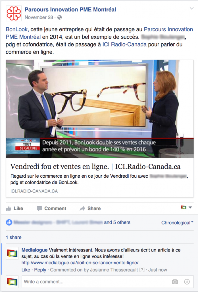 Marketing web et Facebook :  Capture d'écran de promotion d'article - Facebook (Parcours Innovation PME Montréal)