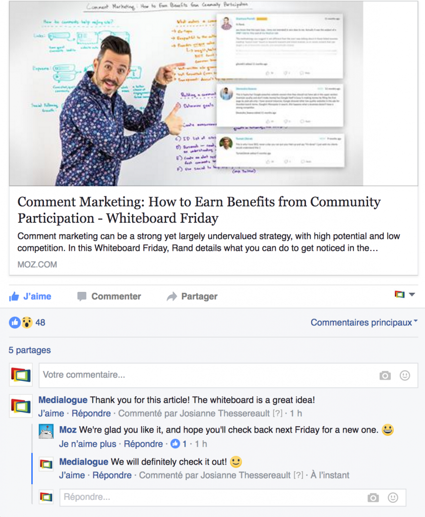 Marketing de commentaires - Page Facebook de MOZ